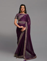 Designer border wine saree with full sequence embroidery work blouse