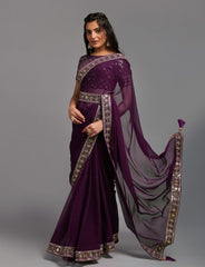 Designer border wine saree with full sequence embroidery work blouse