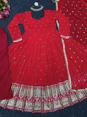 Rich red colour zari and thread work designer suit