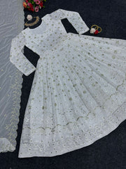 White colour heavy thread and sequence work designer suit