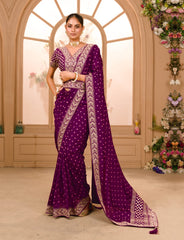 Wine colour zari sequence work designer saree with blouse