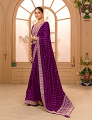 Wine colour zari sequence work designer saree with blouse
