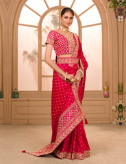 Red colour zari sequence work designer saree with blouse