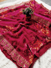 Rani colour of Black colour designer border printed georgette saree