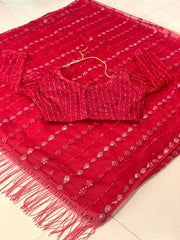 Red colour designer sequence work soft net saree