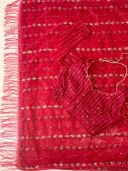 Red colour designer sequence work soft net saree