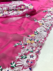 Rani colour beautiful embroidery sequence work chiffon saree