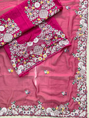Rani colour beautiful embroidery sequence work chiffon saree