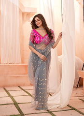 Beautiful embroidery sequence blouse with moti sequence work net saree