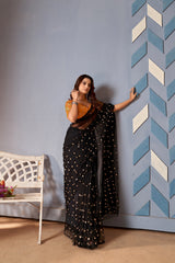 Black colour embroidery sequence blouse with moti sequence work net saree