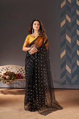 Black colour embroidery sequence blouse with moti sequence work net saree