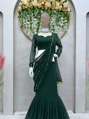 Dark green colour designer ready to wear lehenga saree