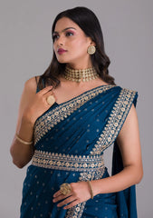 Blue colour designer border sequence work saree with belt