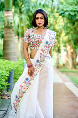 Multi colour beautiful embroidery thread work on organza saree