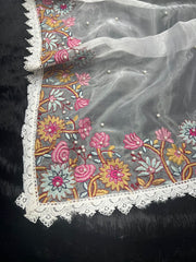 Multi colour beautiful embroidery thread work on organza saree