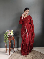 Ready to wear red colour embroidery sequence work velvet saree