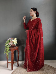 Ready to wear red colour embroidery sequence work velvet saree