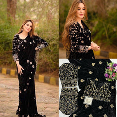 Designer embroidery work on velvet saree with stylish blouse
