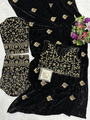 Designer embroidery work on velvet saree with stylish blouse