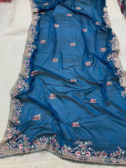 peacock  blue colour multi thread embroidery work designer with designer blouse