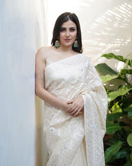 Off white colour lucknowi zari embroidery work organza saree