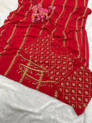 Red colour embroidery work premium georgette saree