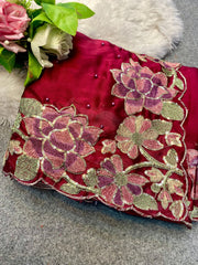 Red Beautiful thread embroidery  sequence flower work on  rangoli silk saree