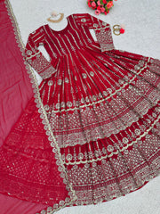 Red colour wedding wear embroidery sequence work designer top lehenga