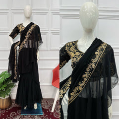 Attractive black colour embroidery work lehenga saree with stitched blouse