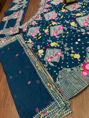 Peacock blue colour thread embroidery work boutique style lehenga choli