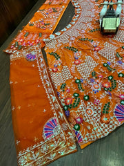Orange colour boutique style embroidery  sequence work lehenga choli