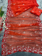 1 Min red colour beautiful embroidery work on organza saree