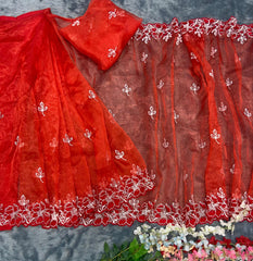 1 Min red colour beautiful embroidery work on organza saree