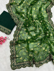 Green colour lace border flower print georgette saree