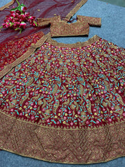 Red colour multi thread embroidery sequence work lehenga choli