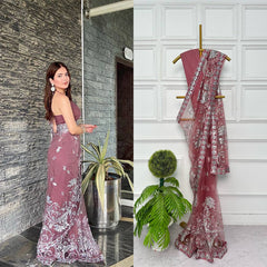 Dark peach colour designer sequence work premium net saree