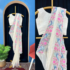 Beautiful sequence embroidery work on white saree