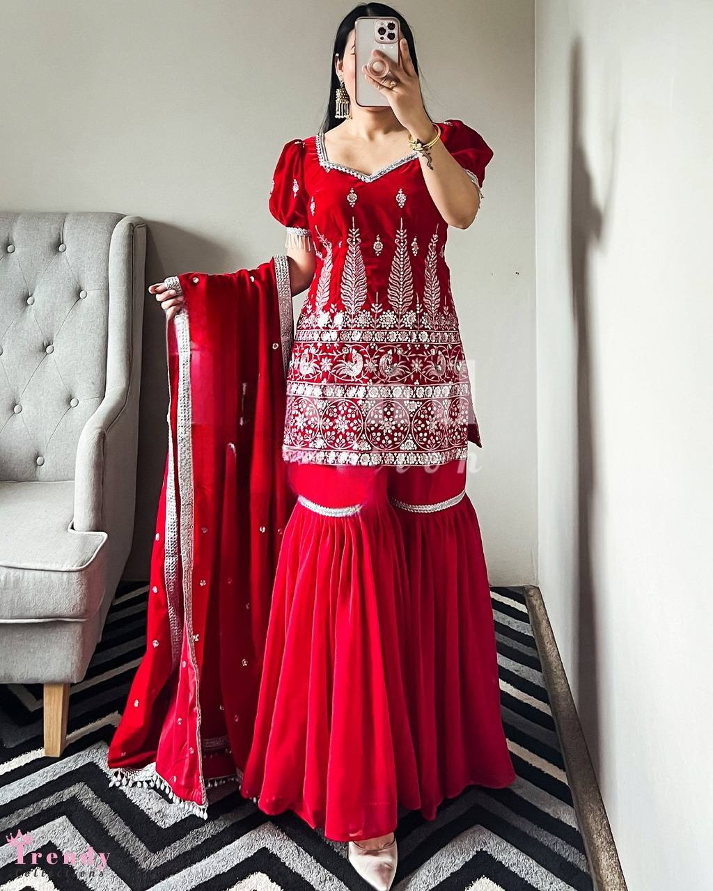 Cherry red sequence embroidery work sharara Plazo designer suit