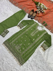 Mehendi green embroidery sequence work designer suit