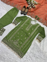 Mehendi green embroidery sequence work designer suit