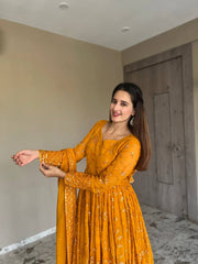 Mustard yellow sequence embroidery work designer suit