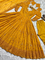 Mustard yellow sequence embroidery work designer suit