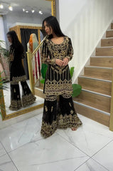 Rich black colour embroidery work sharara palazzo suit