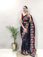 1 Min  ready to wear  embroidery sequence work on black colour saree