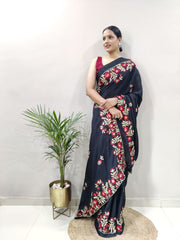 1 Min  ready to wear  embroidery sequence work on black colour saree