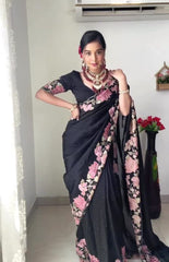 1 Min  ready to wear beautiful thread embroidery with pearl work on black colour saree
