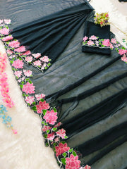 1 Min  ready to wear beautiful thread embroidery with pearl work on black colour saree