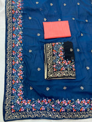 Beautiful embroidery thread work designer saree