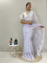 New designer sequence embroidery on premium net light purple saree