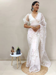 New designer sequence embroidery on premium net  white saree